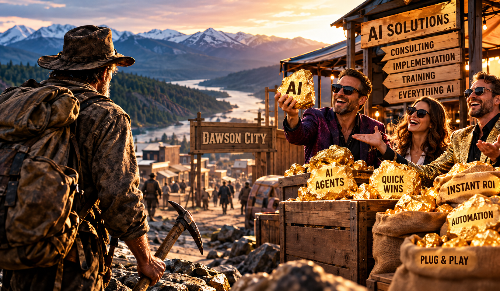 A Klondike Gold Rush prospector approaches Dawson City as flashy AI consultants sell gold nuggets promising quick wins, symbolizing the modern AI gold rush.